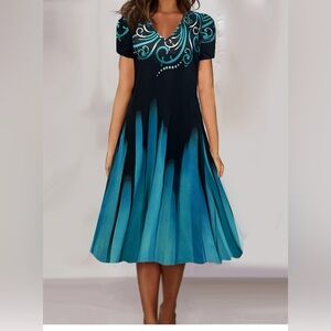 Colorblocked ladies 1 XL v neck flared dress. Easy pull on & off/Shades of Blue